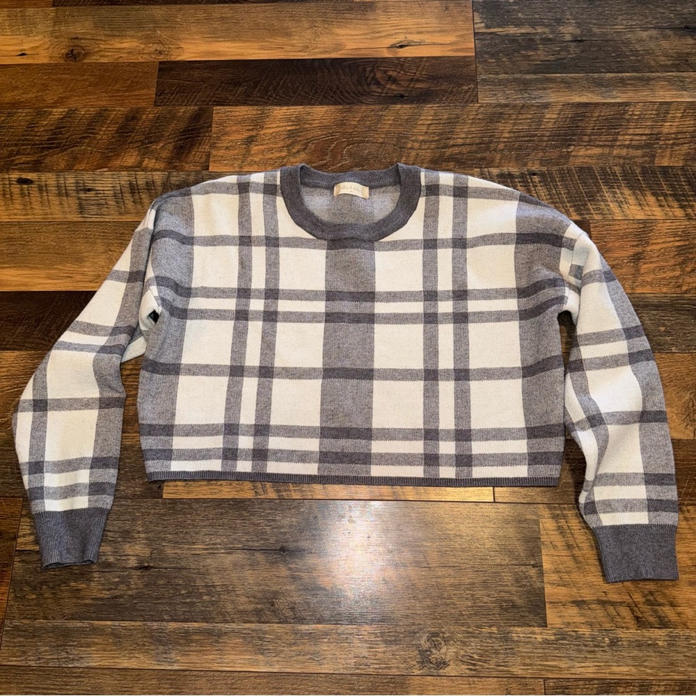 Altar'd State Gray and Cream Plaid Sweater
